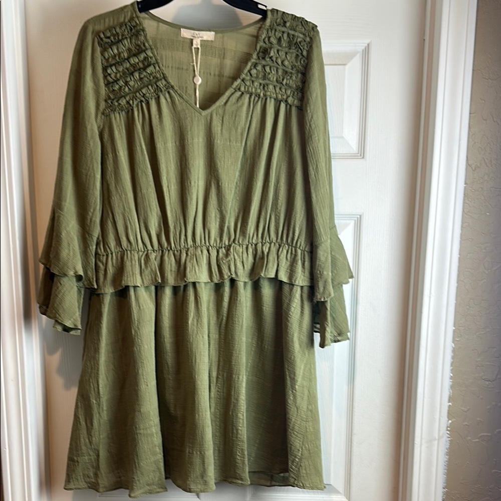 C&V Chelsea & Violet Ruffled Olive Green Women's Dress